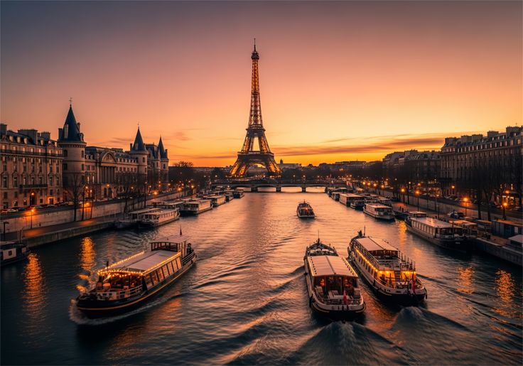 Eiffel Tower Seine River Boats Sunset Glow paris france.jpg
